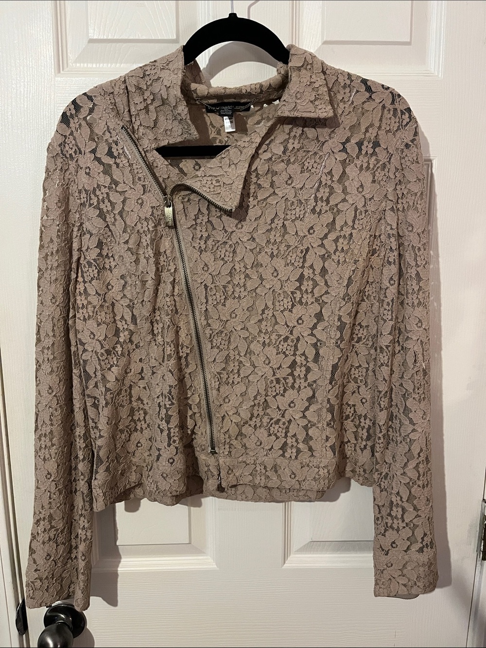 Black Label by Chico’s Taupe Lace Moto Jacket